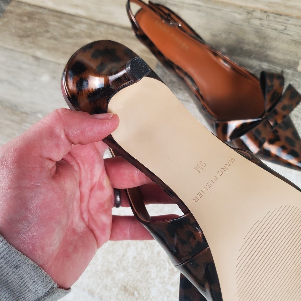 Marc Fisher Allon Womens Pumps Sz 9 M Leopard Patent Bow Slingback Pointed Heels - Picture 6 of 9
